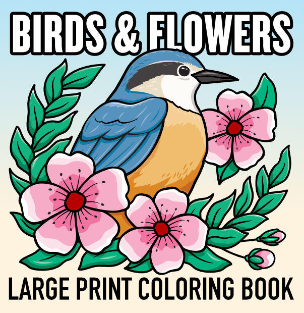 birds and flowers large print coloring book cover design